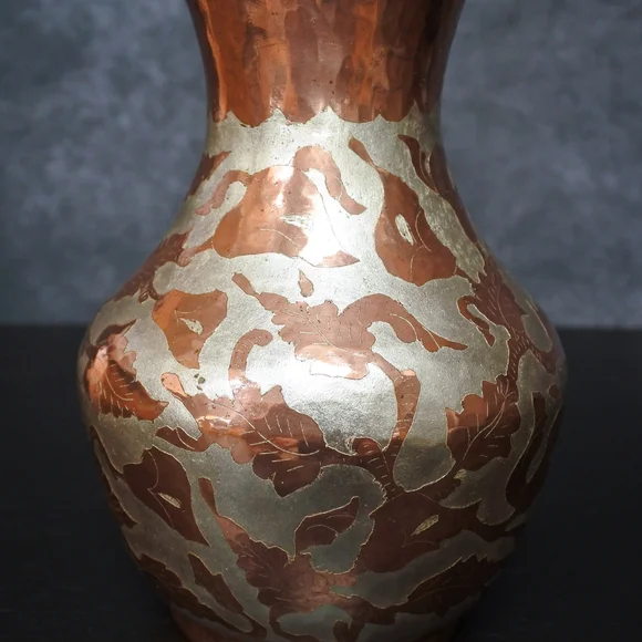 Vintage Mexico Hammed Copper Silver Etched Floral Leaf Pattern Vase